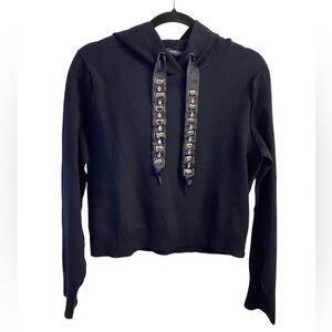 Zara Knit Bejeweled Drawstring Sweater Hooded Navy Blue Size L Pit 21